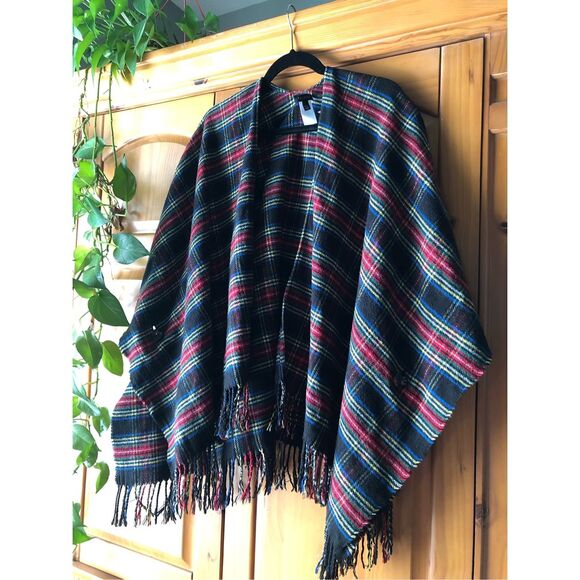 Talbots Tartan Plaid Open Front Ruana Wrap Cape Shawl Fringe M/L - Picture 6 of 13